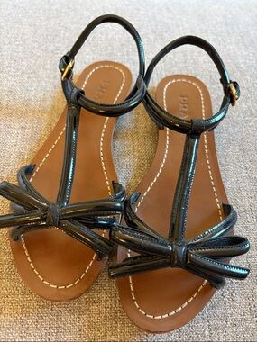 Prada Black Patent Leather Bow T-Strap Sandals